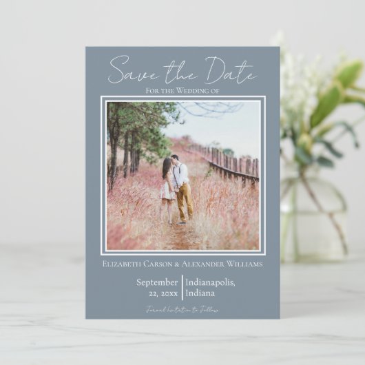 Stoffig blauwe minimalistische foto save the date (Staand voorkant)
