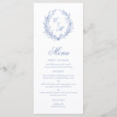 Stoffig blauwe monogram botanische krans bruiloft menu (Voorkant)