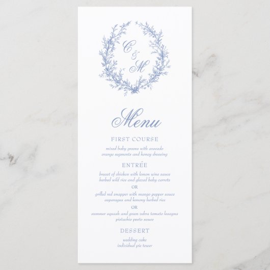 Stoffig blauwe monogram botanische krans bruiloft menu (Voorkant)