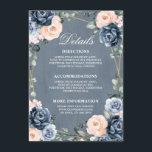 Stoffig blauwe perzik blozende geometrische trouwd informatiekaartje<br><div class="desc">Stoffig blauwe bloemige geometrische trouwdetails kaart met elegante boeketten van marineblauw / Stofblauw,  wit,  blozend,  perzikroos en saliegroene eucalyptusbladeren en elegant glinsterend geometrisch neutraal frame. Neem contact met me op voor hulp bij het aanpassen of als je een ander product met dit ontwerp nodig hebt.</div>