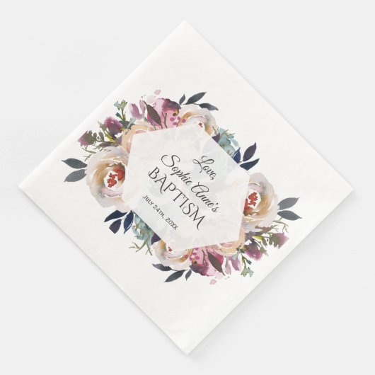 Stoffig blauwe roze bloemboeket geometrische doop servet (Hoek)