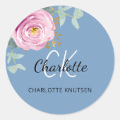 Stoffig blauwe roze bloemige eucalyptus bedankt ronde sticker (Voorkant)