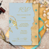Stoffig blauwe rustieke boho gouden turquoise brui RSVP kaartje