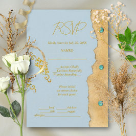 Stoffig blauwe rustieke boho gouden turquoise brui RSVP kaartje