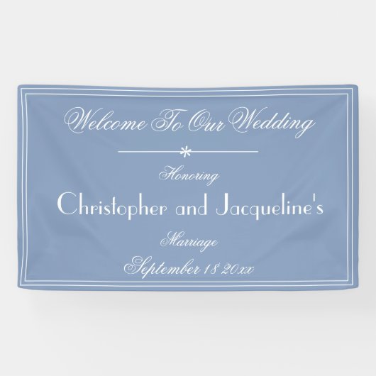 Stoffig Blauwe Trouw Chic Script Namen Welkom Spandoek (Horizontaal)
