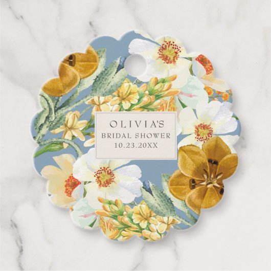 Stoffig blauwe tuinvloeemen Lente Bruiloft Feest Bedankjes Labels (Voorkant)