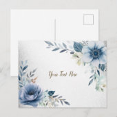 Stoffig blauwe watercolor bloemen zilver elegant briefkaart (Voorkant / Achterkant)