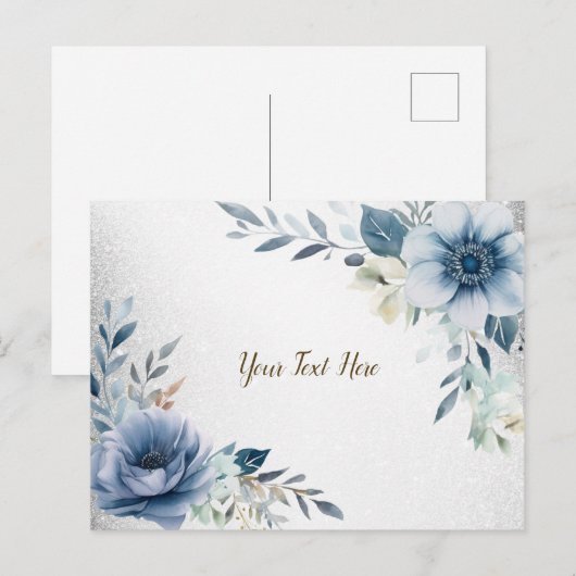 Stoffig blauwe watercolor bloemen zilver elegant briefkaart (Voorkant / Achterkant)