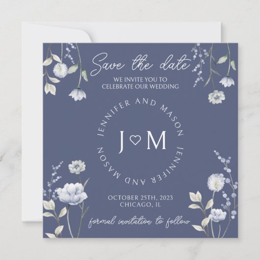 Stoffig blauwe wilde bloem bloemig Save the date f Kaart (Voorkant)