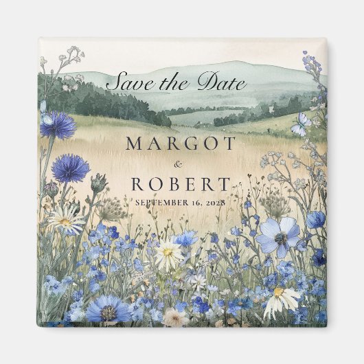Stoffig Blauwe Wilde Bloemenwei Bewaar De Datum Magneet (Voorkant)