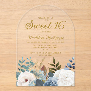 Stoffig blauwe witte bloemboog Sweet 16 Acryl Uitnodigingen