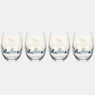 Stoffig blauwe witte bloemstuk vijftig verjaardag wijnglas zonder voet