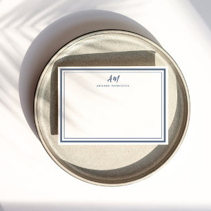 Stoffig blauwe witte monogram dunne en dikke rand notitiekaartje