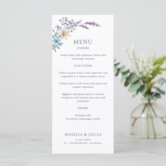 Stoffig Blauwgroen Blauw Lavendel Wildflowers Wedd Menu (Staand voorkant)