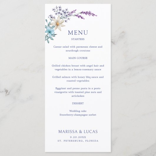 Stoffig Blauwgroen Blauw Lavendel Wildflowers Wedd Menu (Voorkant)