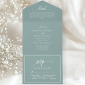 Stoffig Blauwgroen Eenvoudig Modern Script All In One Uitnodiging