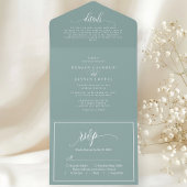 Stoffig Blauwgroen Eenvoudig Modern Script All In One Uitnodiging