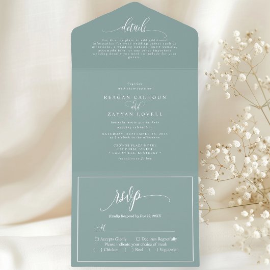 Stoffig Blauwgroen Eenvoudig Modern Script All In One Uitnodiging