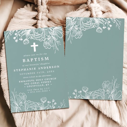 Stoffig Blauwgroen en wit bloemdoopsel Kaart