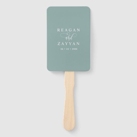 Stoffig Blauwgroen minimalistisch trouwprogramma Handwaaier (Voorkant)