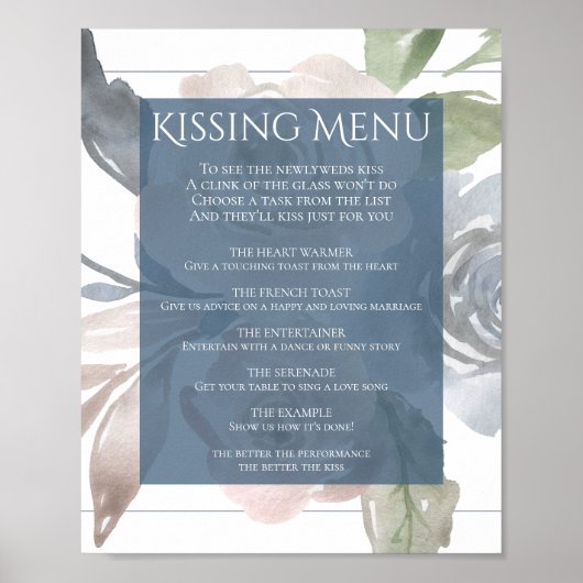 Stoffig Bloemig | Rookblauw Pastel Kus Menu Poster (Voorkant)