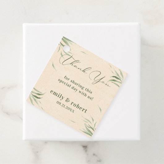 Stoffig groen blad beige ambachtelijk papier bedankjes labels (In situ)