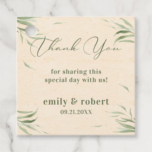 Stoffig groen blad beige ambachtelijk papier bedankjes labels (Voorkant)