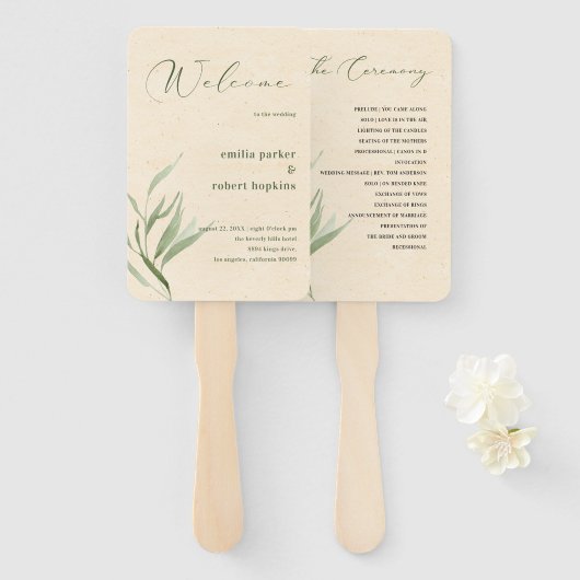 Stoffig groen blad beige ambachtelijk papier handwaaier (Voorkant en achterkant)