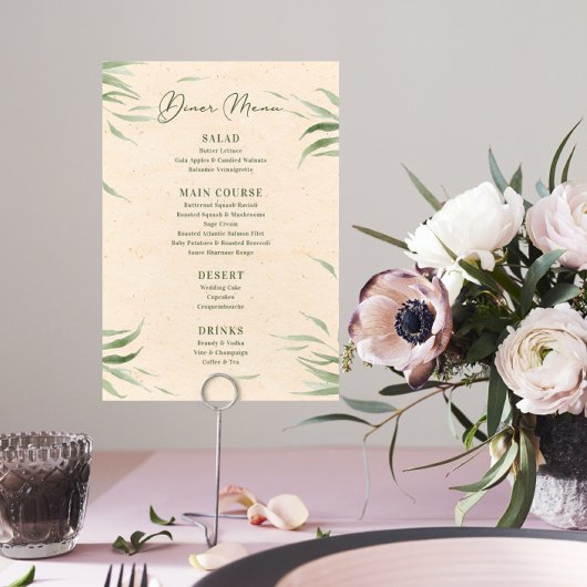 Stoffig groen blad Beige ambachtelijk papier Menu Kaart