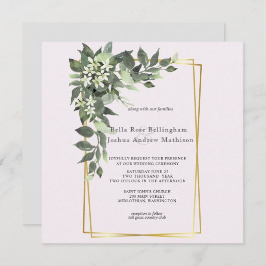 Stoffig groen blad met witte bloemen uitnodiging (Voorkant / Achterkant)