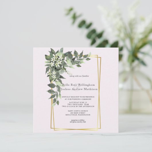 Stoffig groen blad met witte bloemen uitnodiging (Staand voorkant)