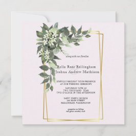 Stoffig groen blad met witte bloemen uitnodiging