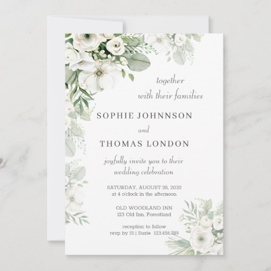 Stoffig groen bloemenbruiloftsfeest roos waterverf kaart (Voorkant)