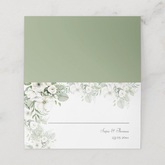 Stoffig groen bloemenbruiloftsfeest roos waterverf plaatskaartje (Buitenkant ongevouwen)