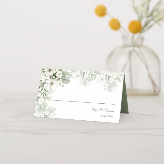 Stoffig groen bloemenbruiloftsfeest roos waterverf plaatskaartje (Voorkant)