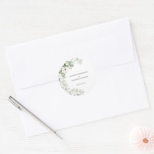 Stoffig groen bloemenbruiloftsfeest roos waterverf ronde sticker (Envelop)