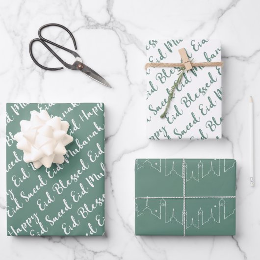 Stoffig Groen Eid Calligrafie Masjid Patroon Ontwe Inpakpapier Vel (Voorkant)
