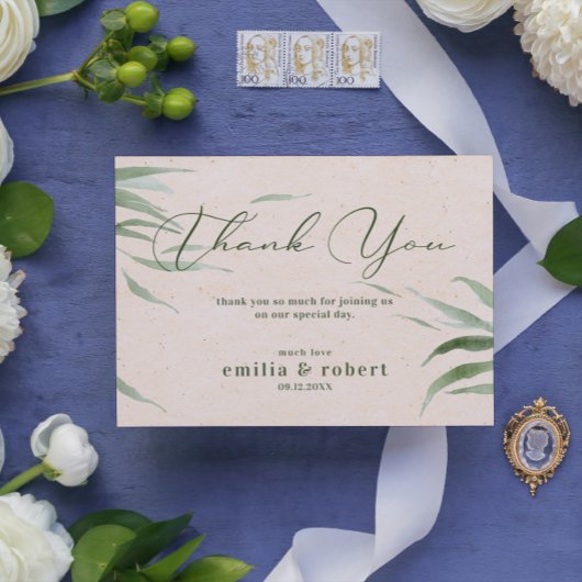 Stoffig groen gebladerte, beige papier, dank je bedankkaart