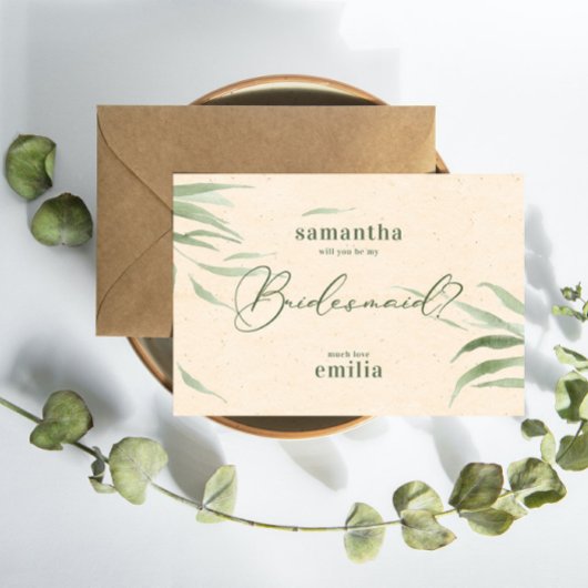 Stoffig groen gebladerte, beige papier, dank je bedankkaart