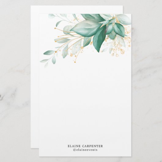 Stoffig Groen Goud Eucalyptus Groen Monogram Briefpapier (Voorkant / Achterkant)