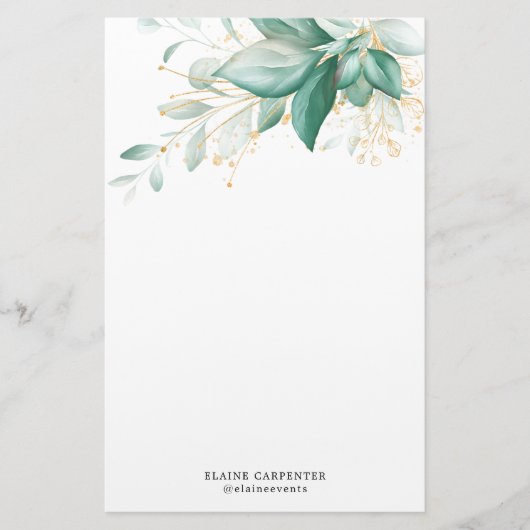 Stoffig Groen Goud Eucalyptus Groen Monogram Briefpapier (Voorkant)