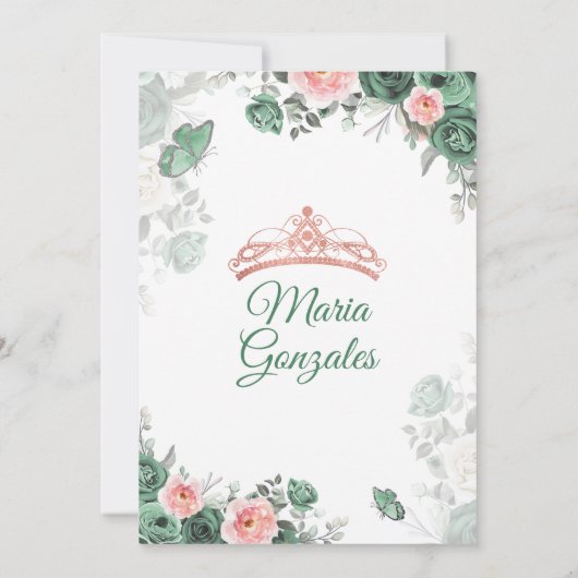 Stoffig Groen Roze Mis Quince 15 Anos Kroon Kaart (Achterkant)