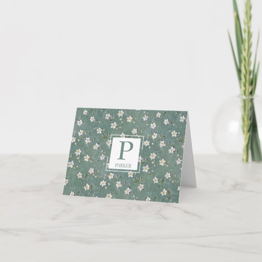 Stoffig groen wit bloemig monogram bedankkaart (Voorkant)