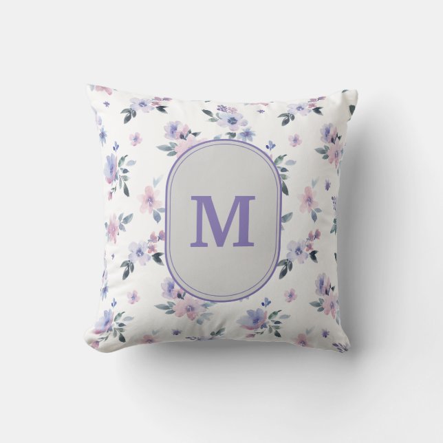 Stoffig Lavendel Paarse Wilde Bloem Monogram  Kussen (Voorkant)