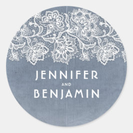 Stoffig Licht Blauw en Wit Kant Vintage Bruiloft Ronde Sticker