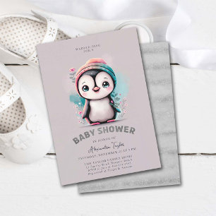 Stoffig Lila Schattige Pinguïn Winter Meisje Baby  Kaart