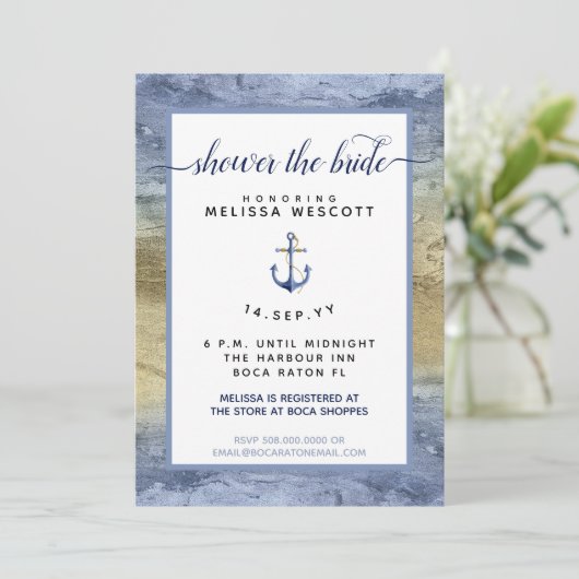 Stoffig Nautisch Blauw Goud Waterverf Vrijgezellen Kaart (Staand voorkant)