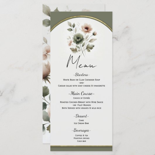 Stoffig Olijf Roze & Goud Waterverf Bloemenmenu Menu (Voorkant / Achterkant)