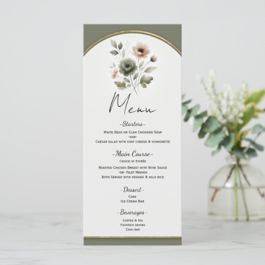 Stoffig Olijf Roze & Goud Waterverf Bloemenmenu Menu (Staand voorkant)