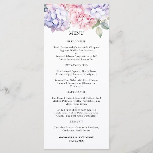 Stoffig Paarse & Blush Roze Hydrangea Wedding Menu (Voorkant)